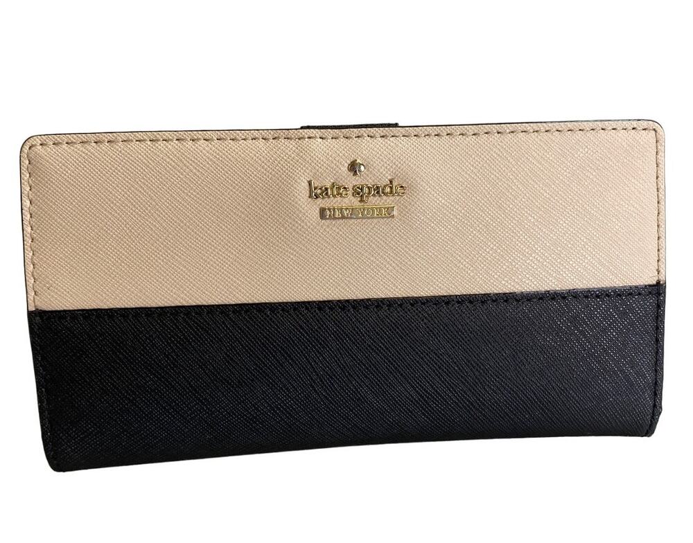 New Kate Spade Cameron Street Stacy Large Slim Bifold Wallet Warm Beige/Black